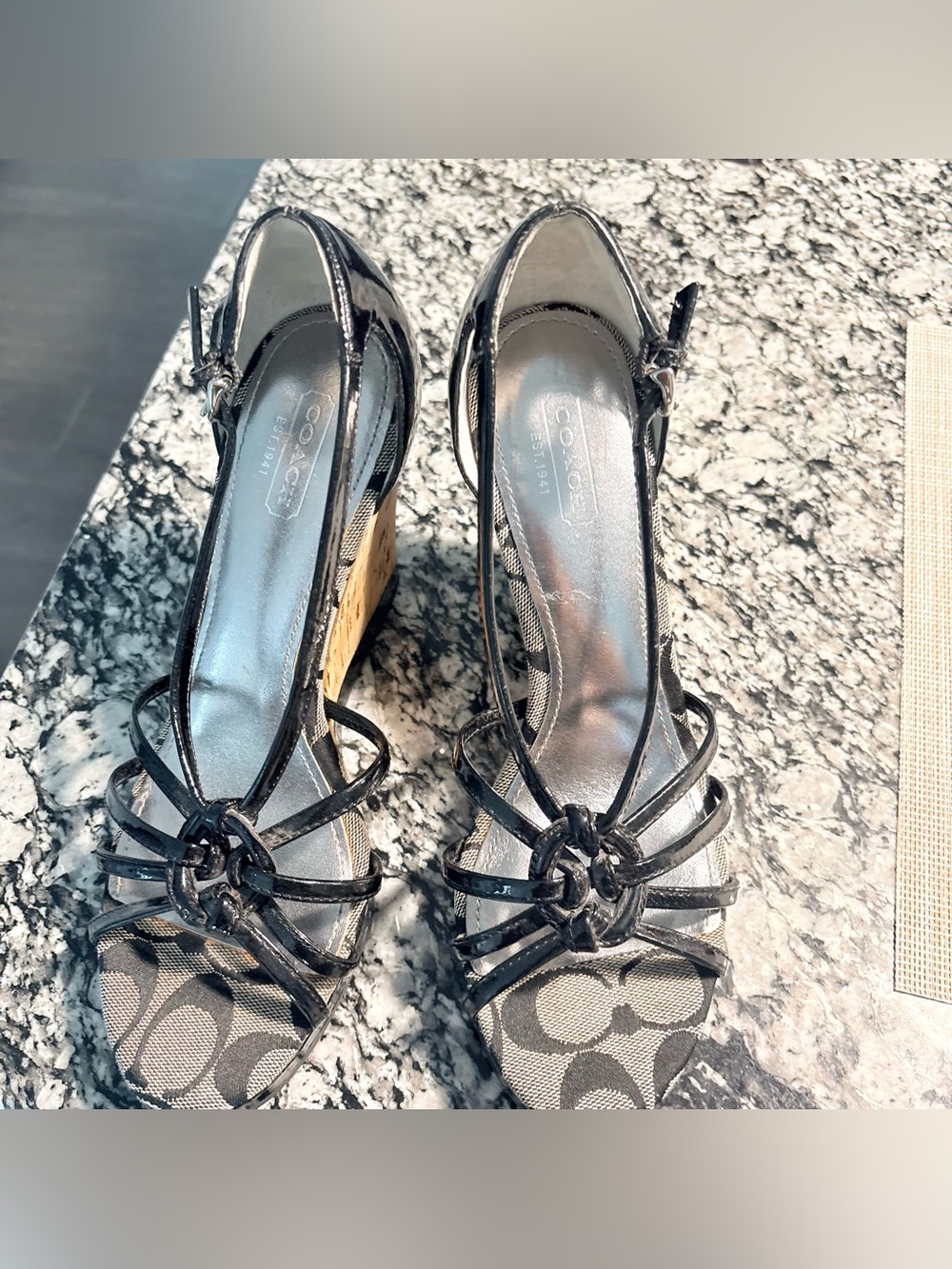 Coach Black Patent Leather Cork Wedge Sandals - Picture 4 of 6